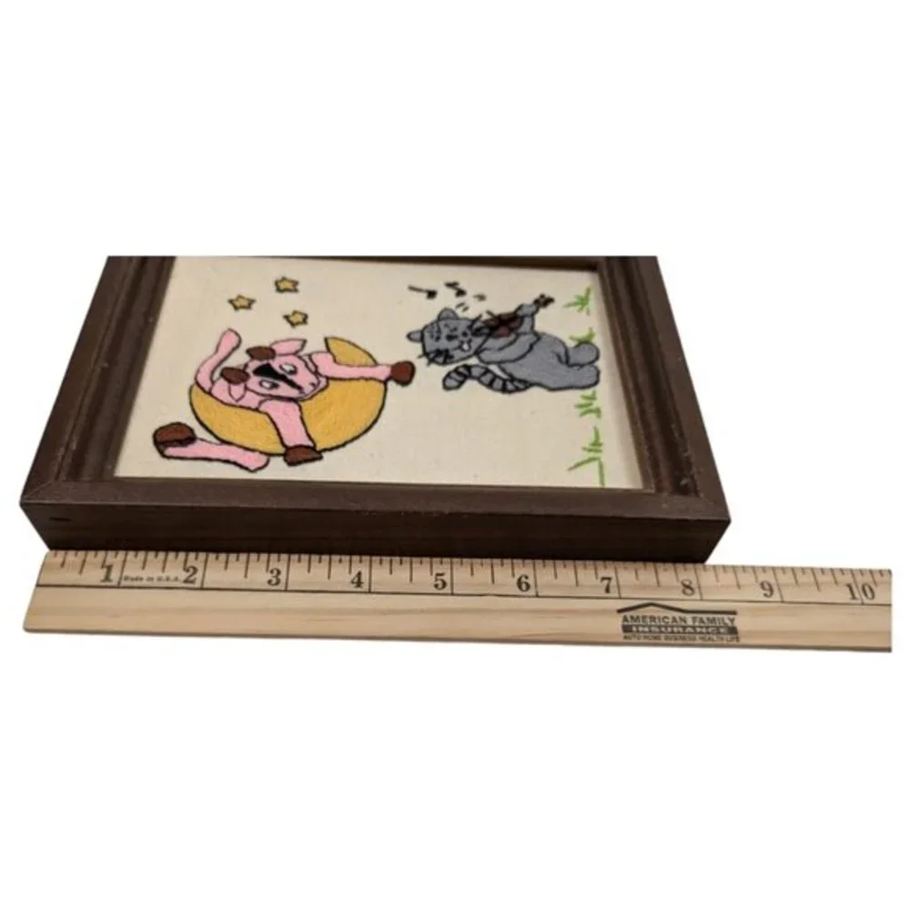 Completed Embroidered Cow Jump Over Moon Fiddle Cat Framed Frame 6x8